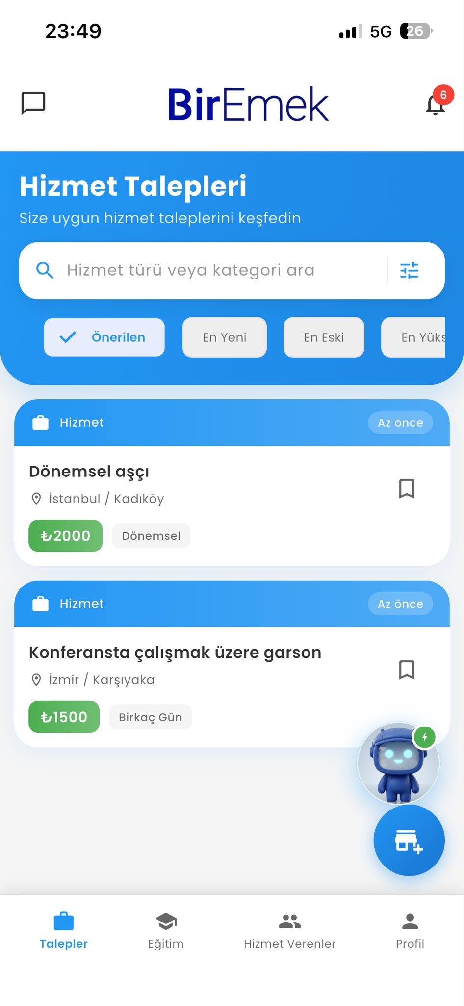 BirEmek uygulaması — Hizmet Talepleri ekranı